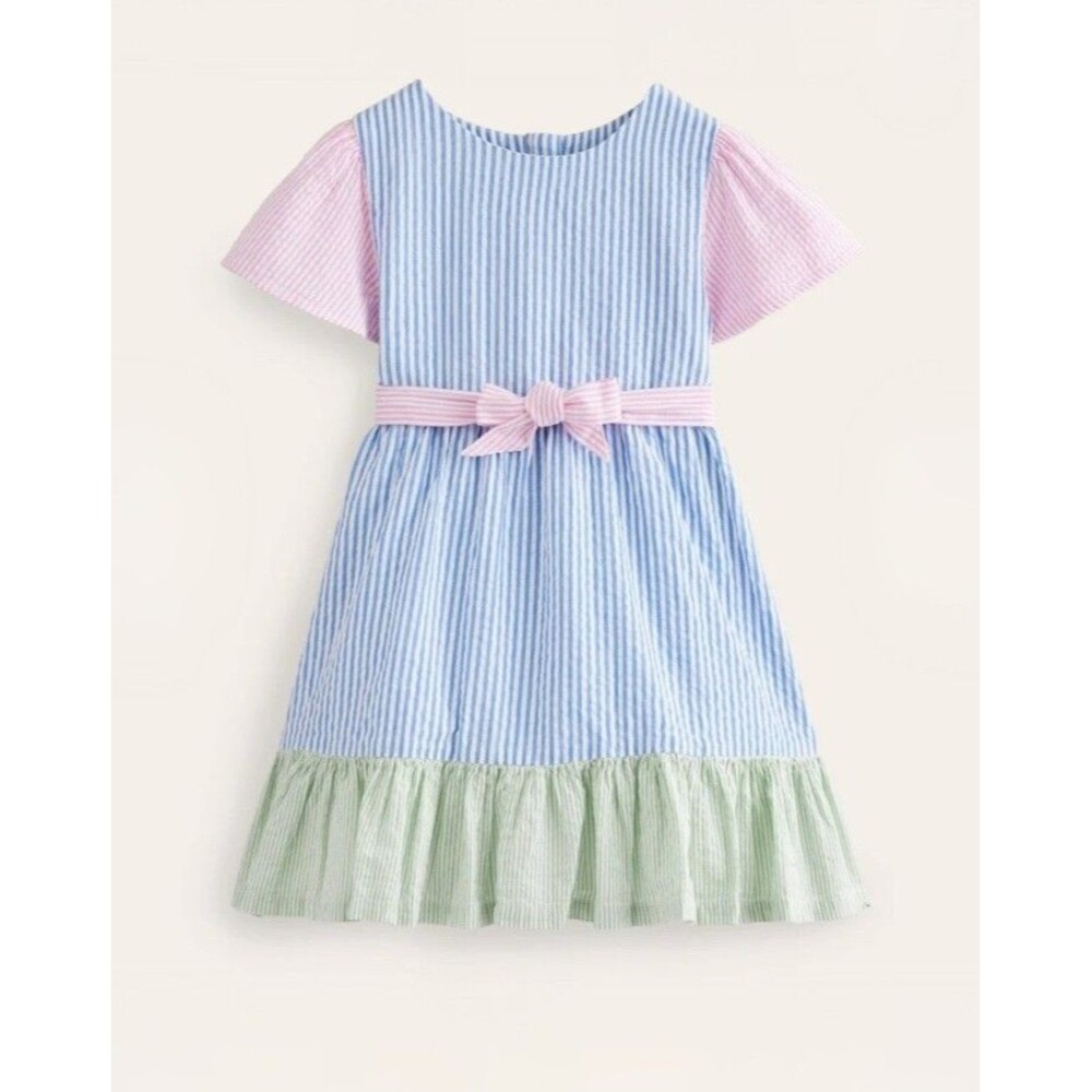 Mini Boden Girl's Multi Ticking Stripes Hotchpotch Seersucker Dress size 4/5 NEW